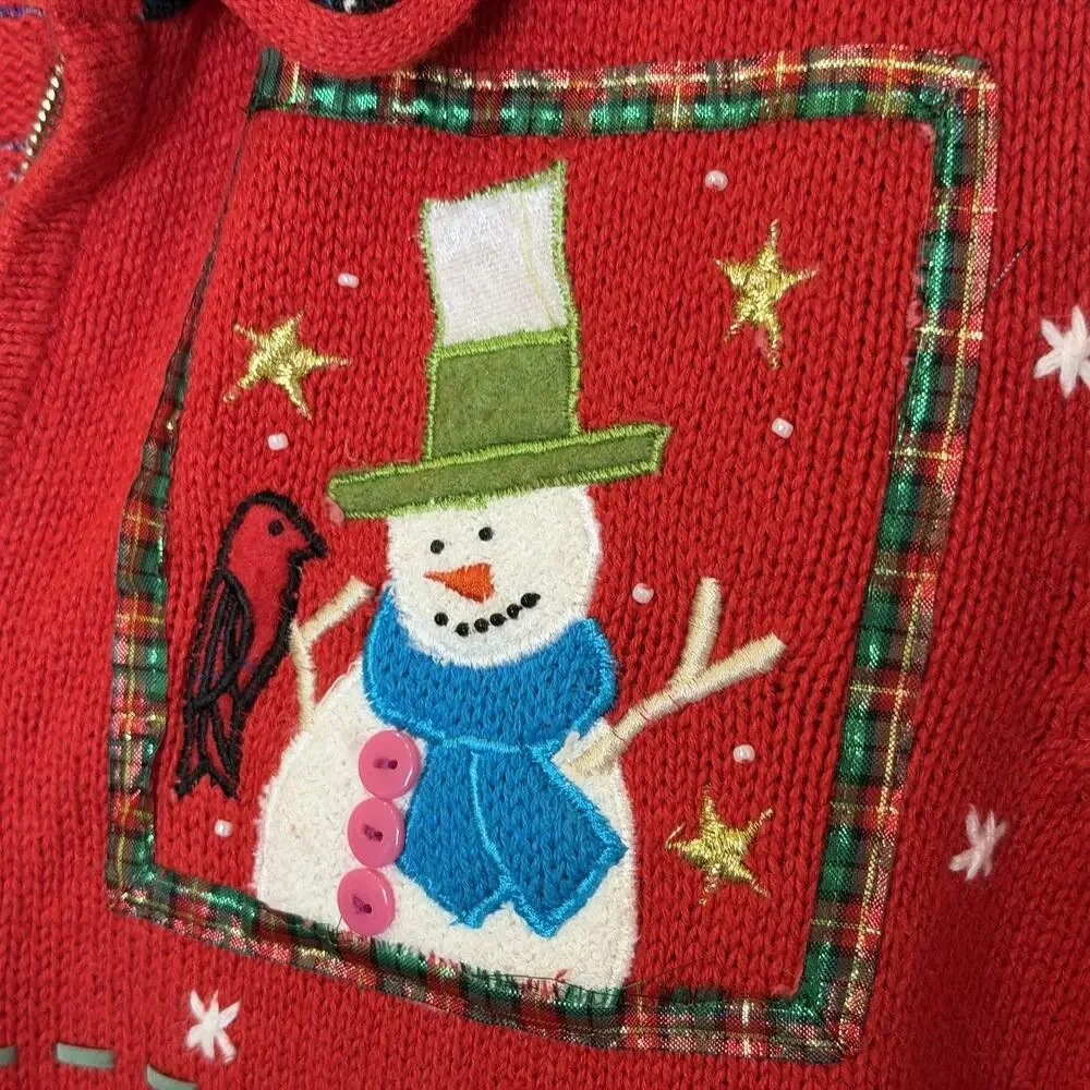 Designers‎ Originals Studio Joy Christmas Sweater Cardigan Sz PS Red Snowman Zip